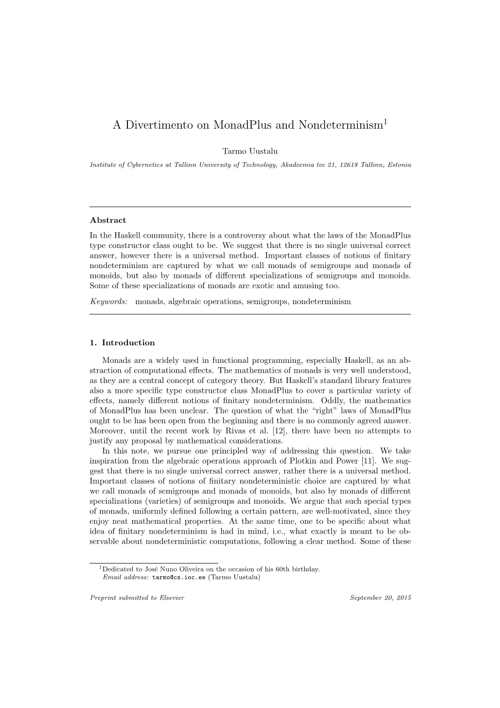 A Divertimento on Monadplus and Nondeterminism1