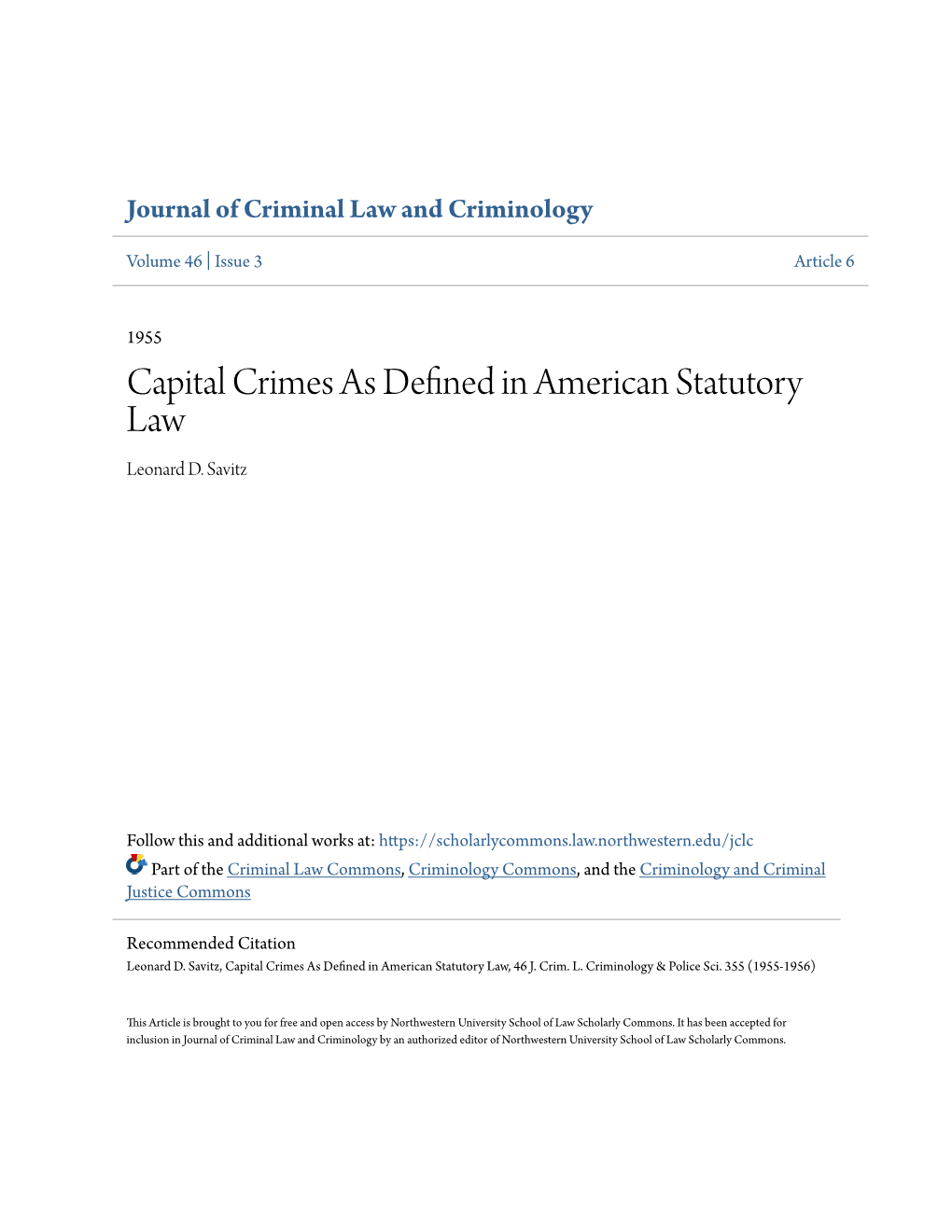 Capital Crimes As Defined in American Statutory Law Leonard D