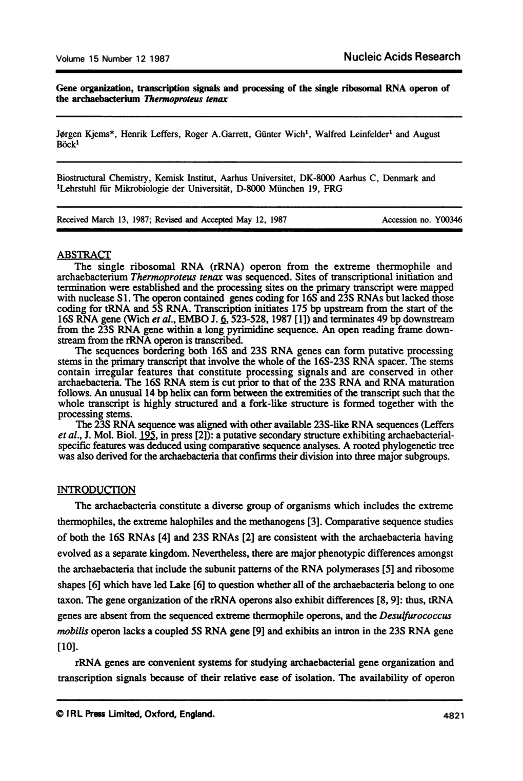 Gene Organization, Transcription Signals and Processing of the Single Ribosomal RNA Operon of the Archaebacterium 7Hermoproteus Tenax