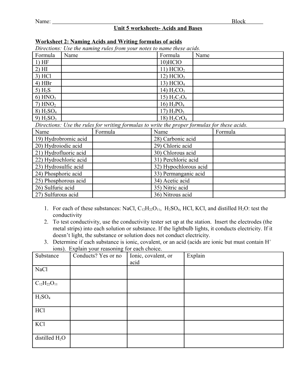 Unit 5 Worksheets- Acids And Bases