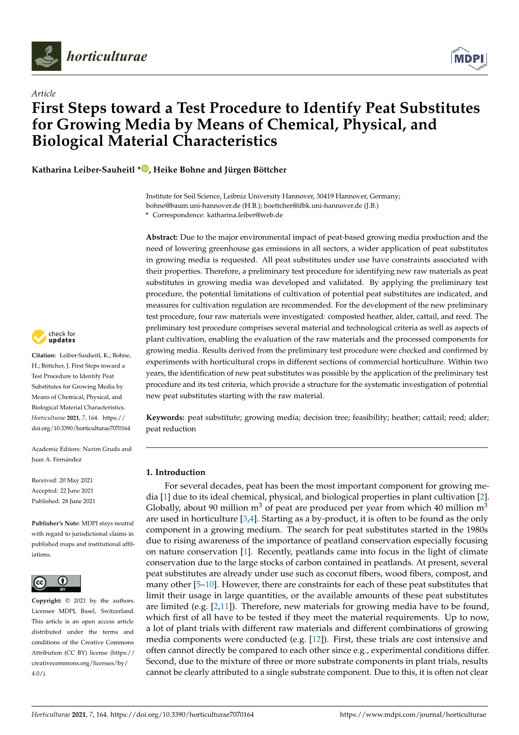 First Steps Toward a Test Procedure to Identify Peat Substitutes for Growing Media by Means of Chemical, Physical, and Biological Material Characteristics