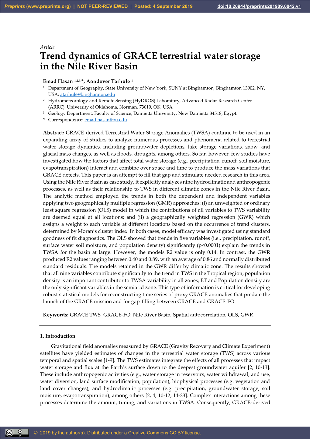 Trend Dynamics of GRACE Terrestrial Water Storage in the Nile River Basin