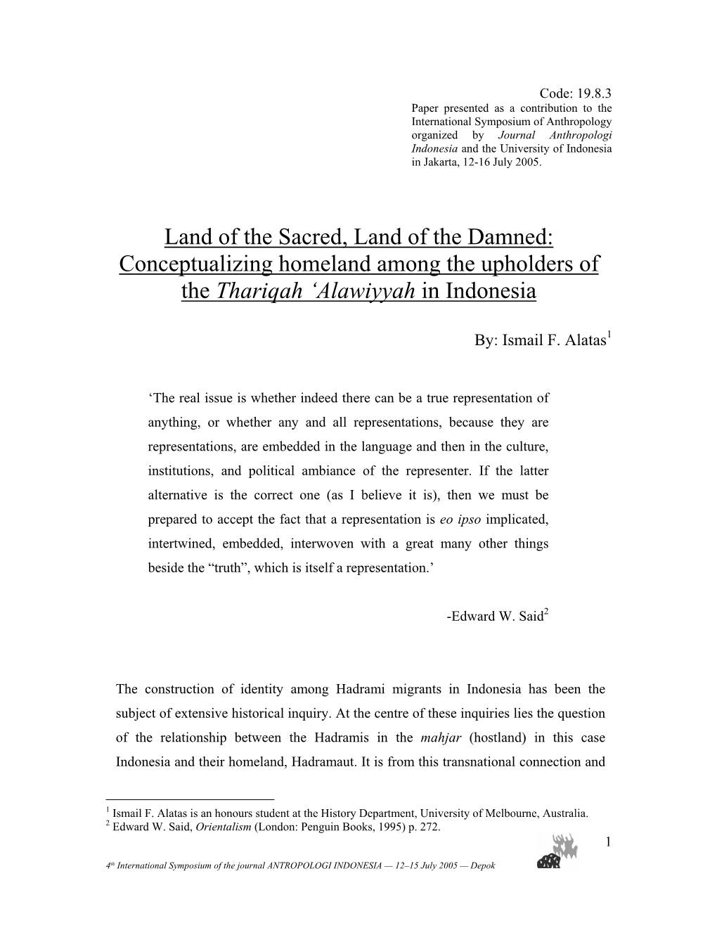 Conceptualizing Homeland Among the Upholders of the Thariqah ‘Alawiyyah in Indonesia