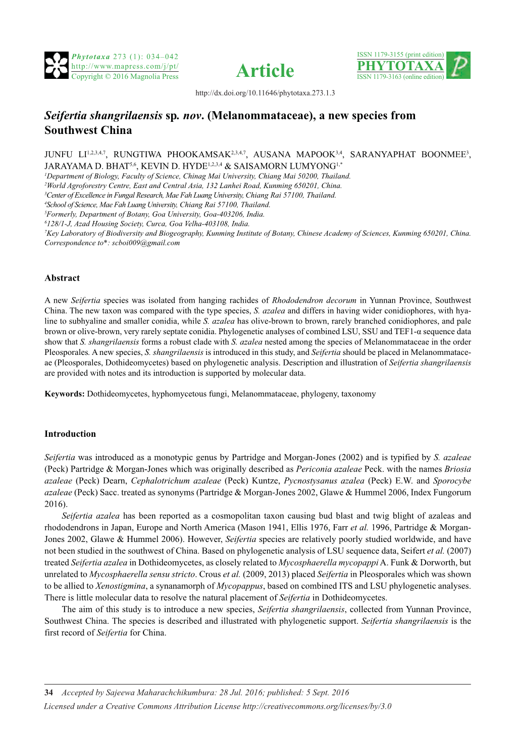 Seifertia Shangrilaensis Sp. Nov. (Melanommataceae), a New Species from Southwest China