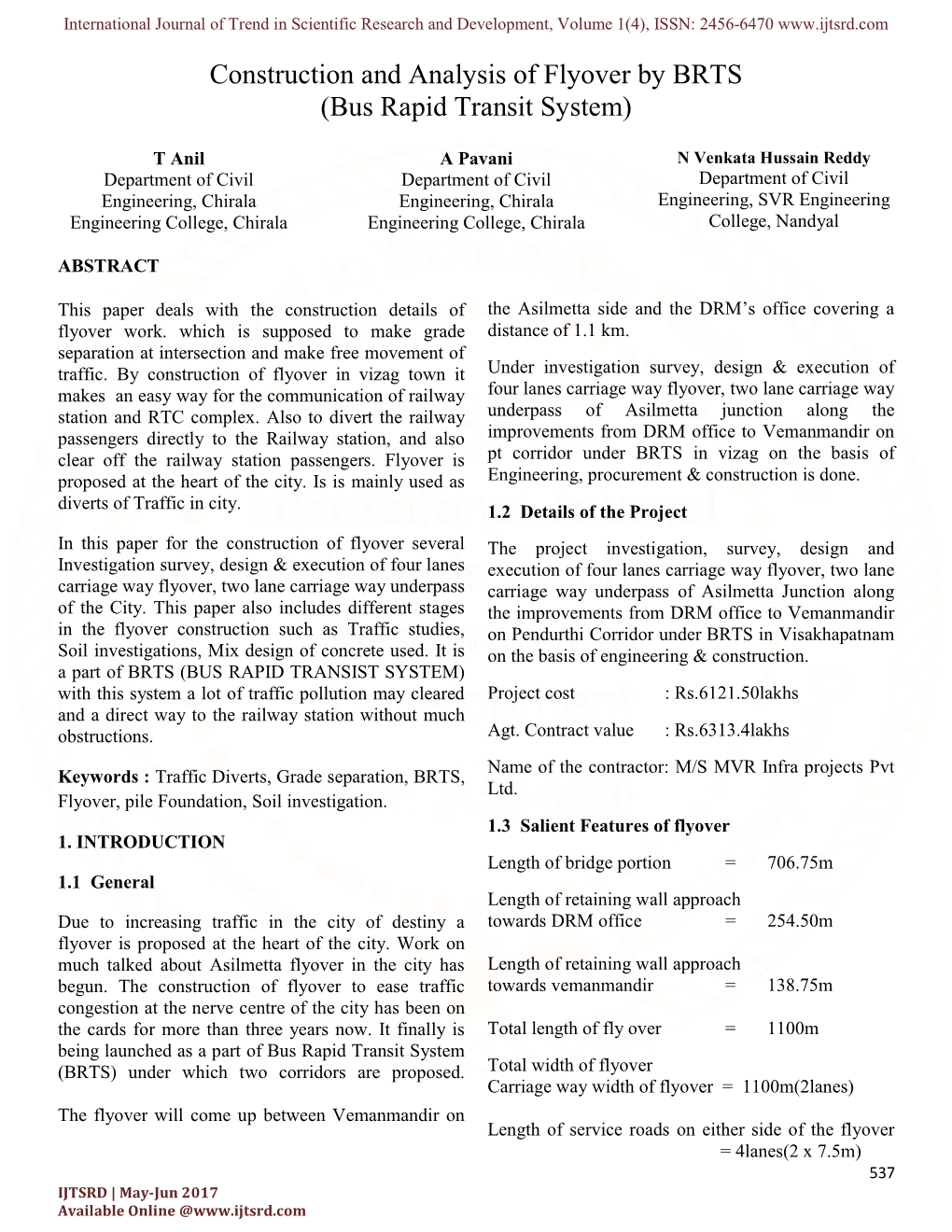 Construction and Analysis of Flyover by BRTS (Bus Rapid Transit System)