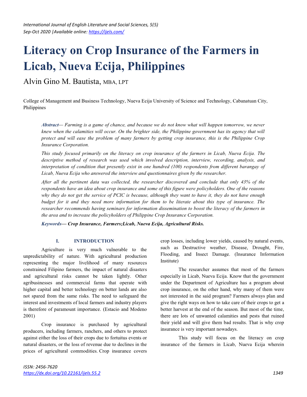 Literacy on Crop Insurance of the Farmers in Licab, Nueva Ecija, Philippines