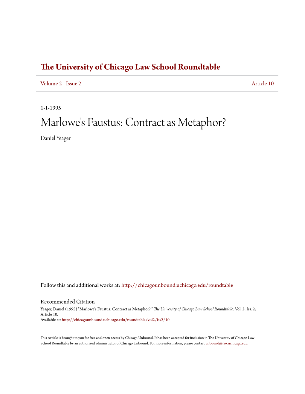 Marlowe's Faustus: Contract As Metaphor? Daniel Yeager