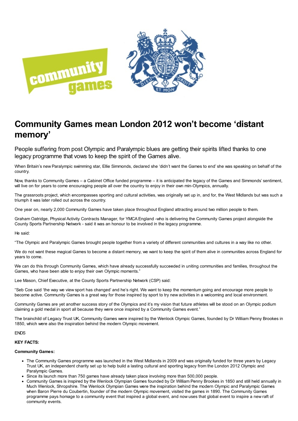 Community Games Mean London 2012 Won't Become 'Distant Memory'