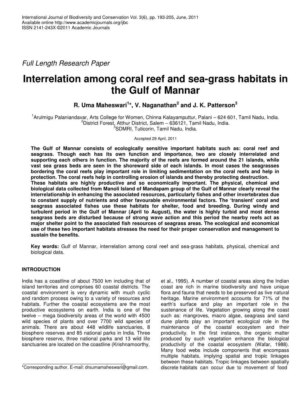 Interrelation Among Coral Reef and Sea-Grass Habitats in the Gulf of Mannar