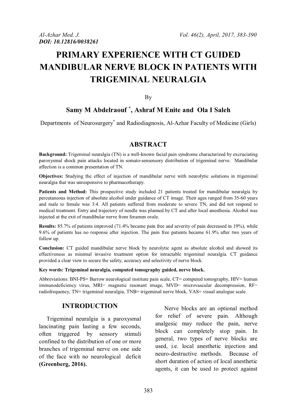 Primary Experience with Ct Guided Mandibular Nerve Block in Patients with Trigeminal Neuralgia