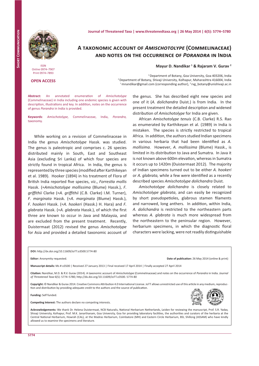 A Taxonomic Account of Amischotolype (Commelinaceae) and Notes on the Occurrence of Porandra in India