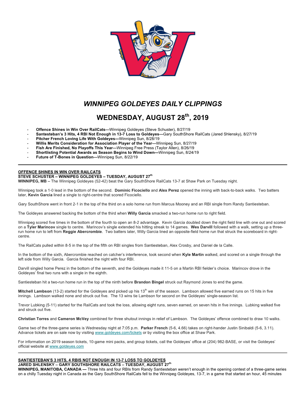 Winnipeg Goldeyes Daily Clippings Wednesday