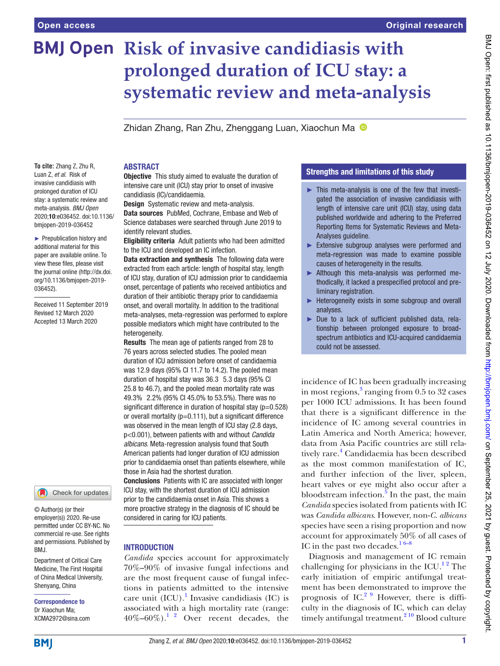 Risk of Invasive Candidiasis with Prolonged Duration of ICU Stay: a Systematic Review and Meta-­Analysis