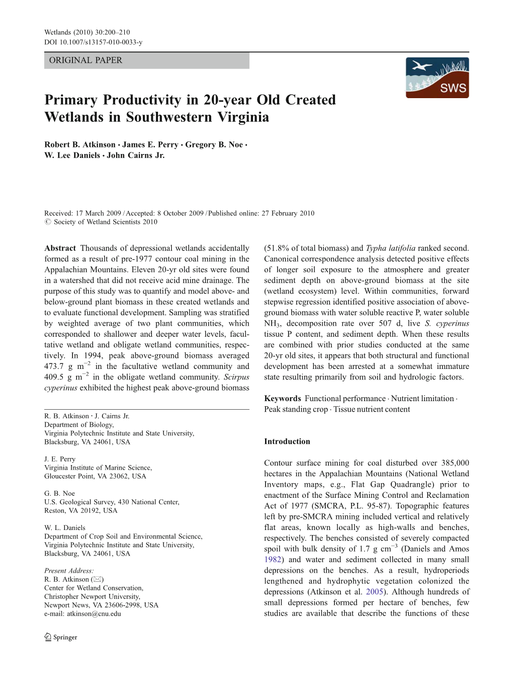 Primary Productivity in 20-Year Old Created Wetlands in Southwestern Virginia