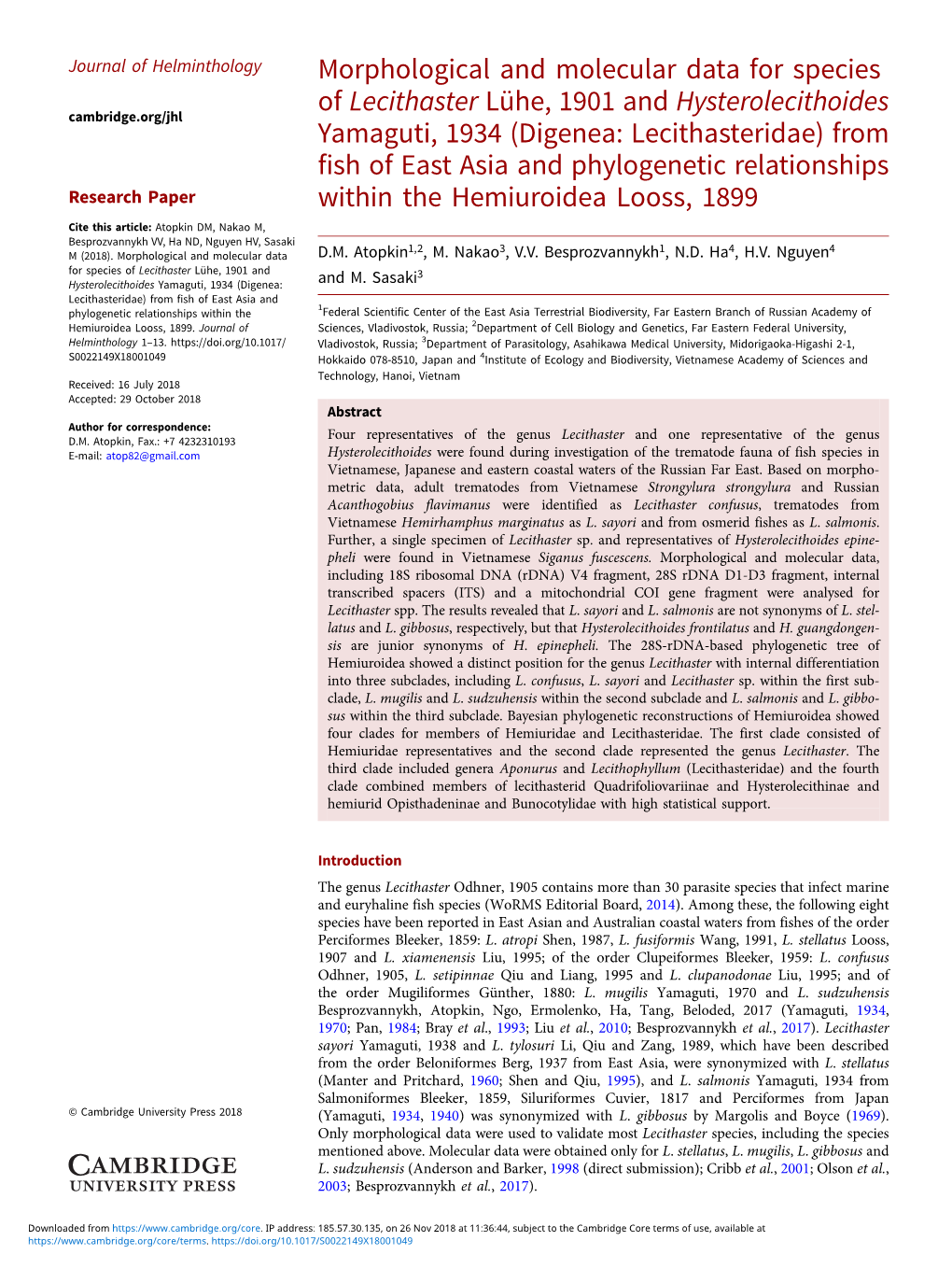 Morphological and Molecular Data for Species of Lecithaster Lühe, 1901