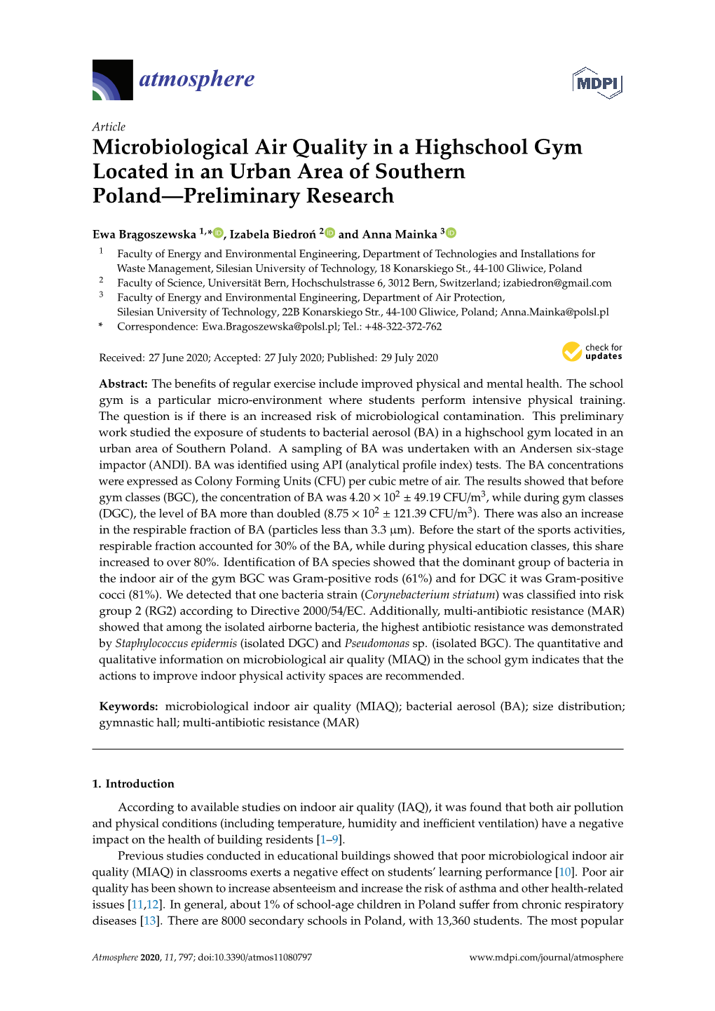 Microbiological Air Quality in a Highschool Gym Located in an Urban Area of Southern Poland—Preliminary Research