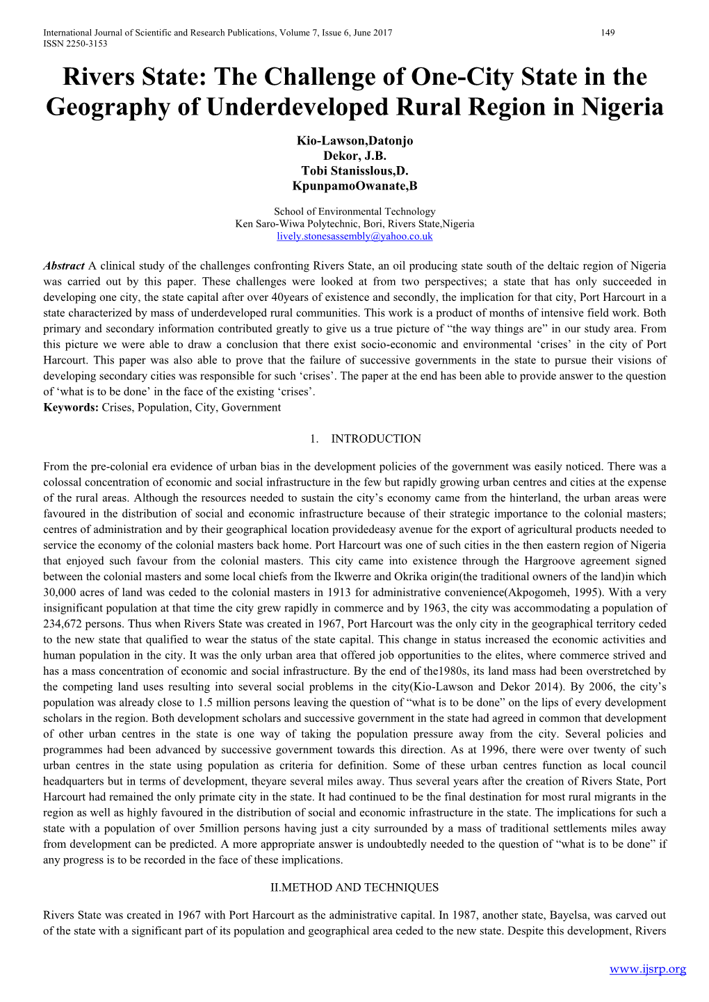 Rivers State: the Challenge of One-City State in the Geography of Underdeveloped Rural Region in Nigeria Kio-Lawson,Datonjo Dekor, J.B