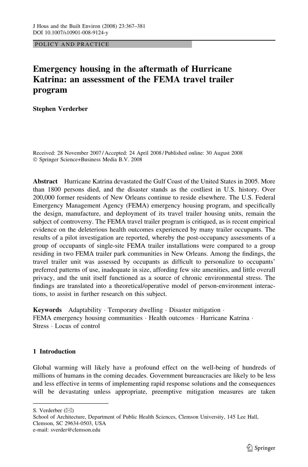 Emergency Housing in the Aftermath of Hurricane Katrina: an Assessment of the FEMA Travel Trailer Program