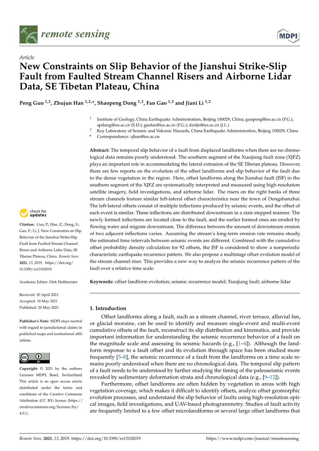 New Constraints on Slip Behavior of the Jianshui Strike-Slip Fault from Faulted Stream Channel Risers and Airborne Lidar Data, SE Tibetan Plateau, China