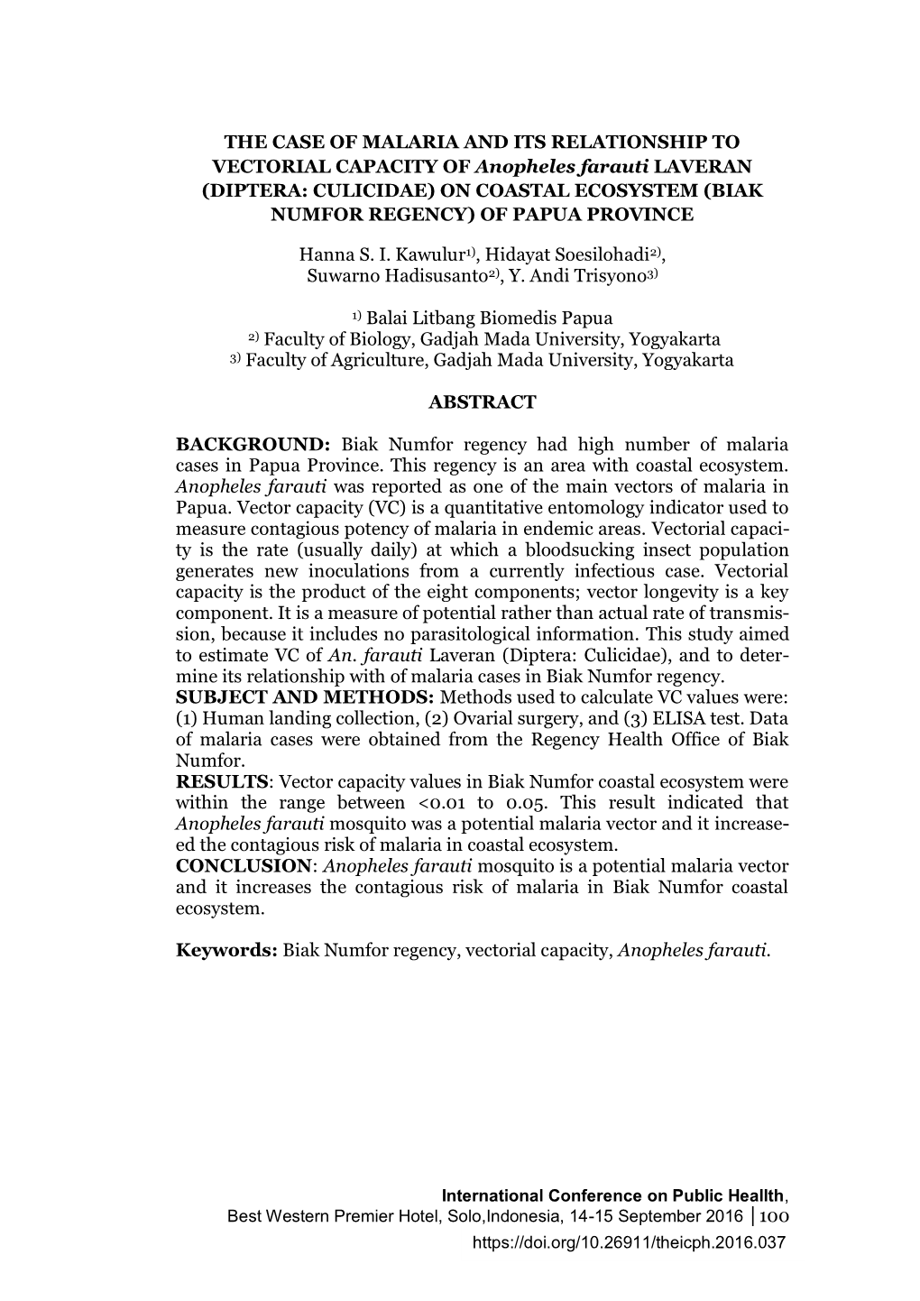 Diptera: Culicidae) on Coastal Ecosystem (Biak Numfor Regency) of Papua Province