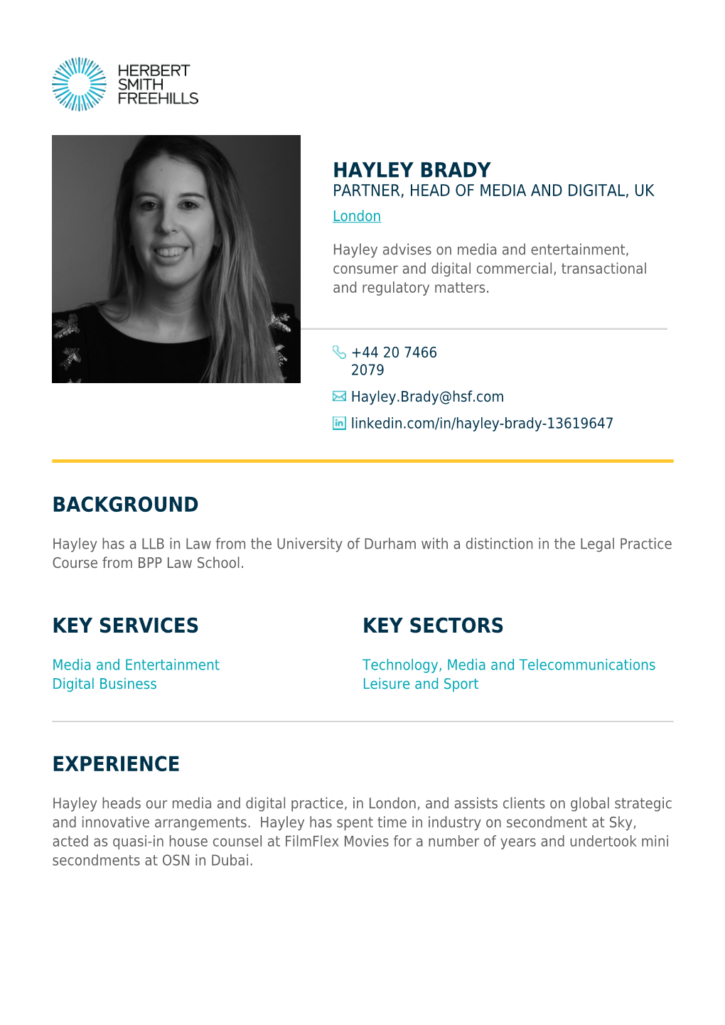 HAYLEY BRADY PARTNER, HEAD of MEDIA and DIGITAL, UK London