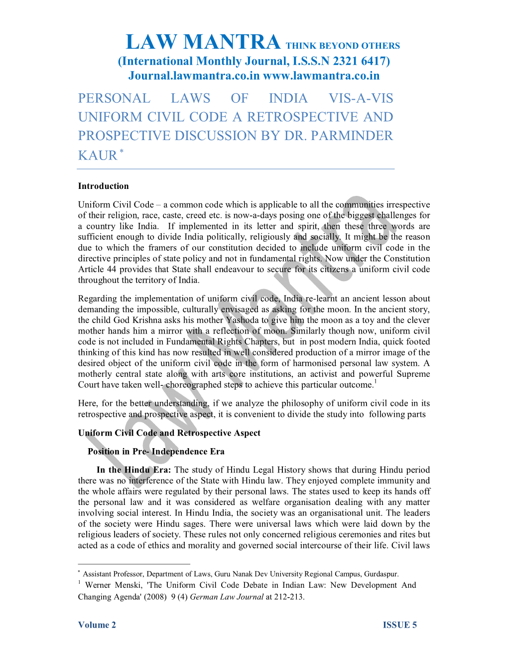 Personal Laws of India Vis-A-Vis Uniform Civil Code a Retrospective and Prospective Discussion by Dr