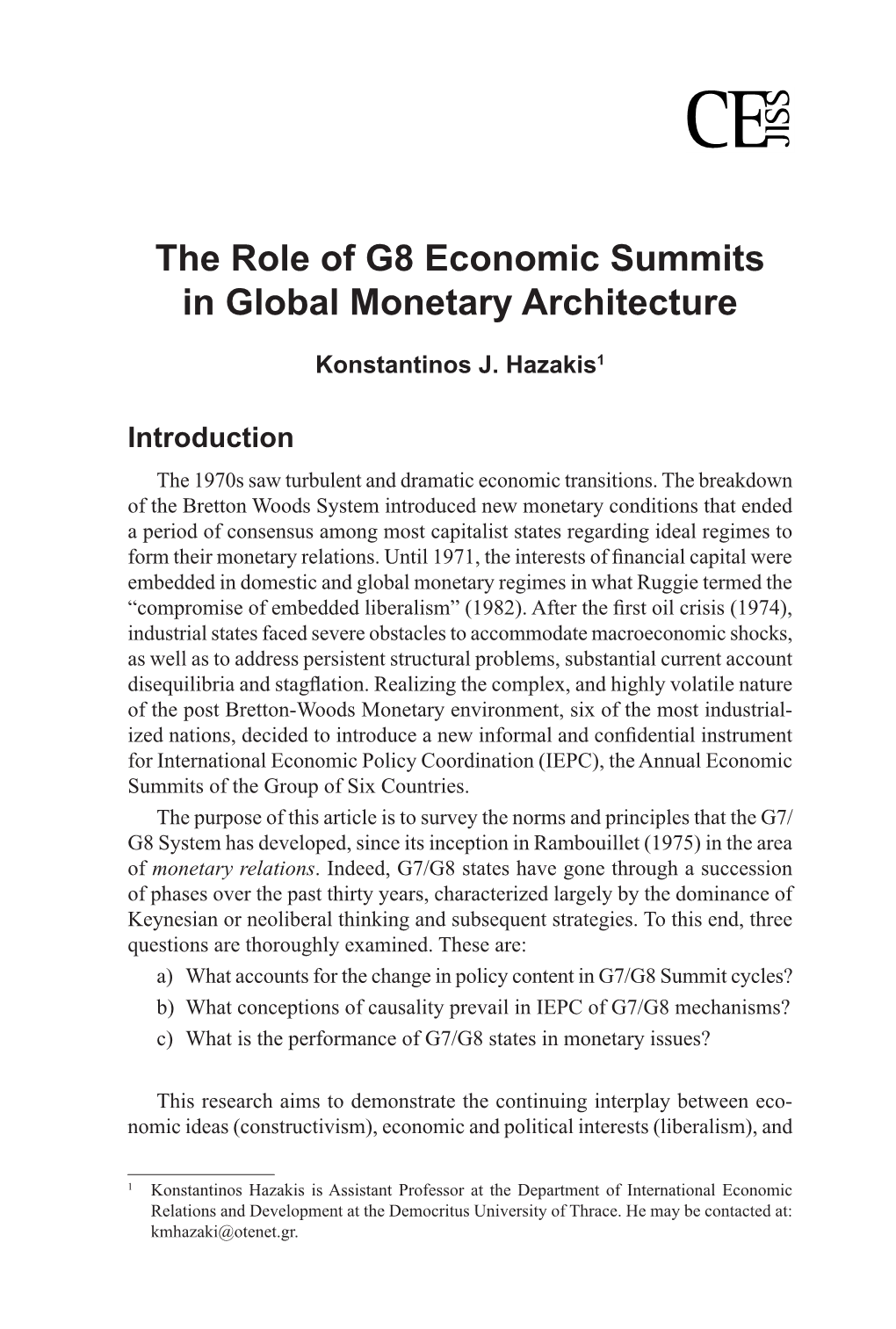 The Role of G8 Economic Summits in Global Monetary Architecture