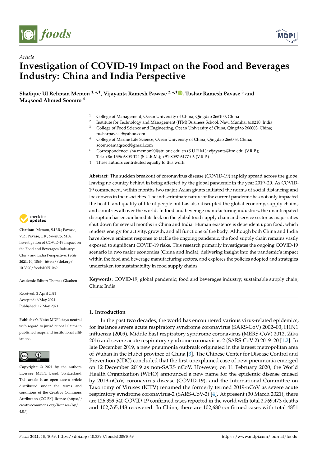 Investigation of COVID-19 Impact on the Food and Beverages Industry: China and India Perspective