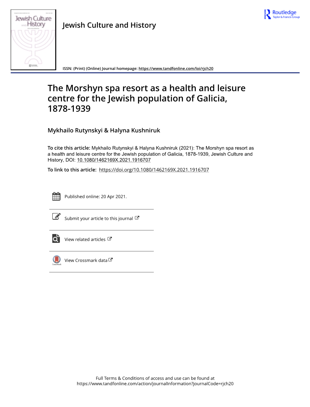 The Morshyn Spa Resort As a Health and Leisure Centre for the Jewish Population of Galicia, 1878-1939