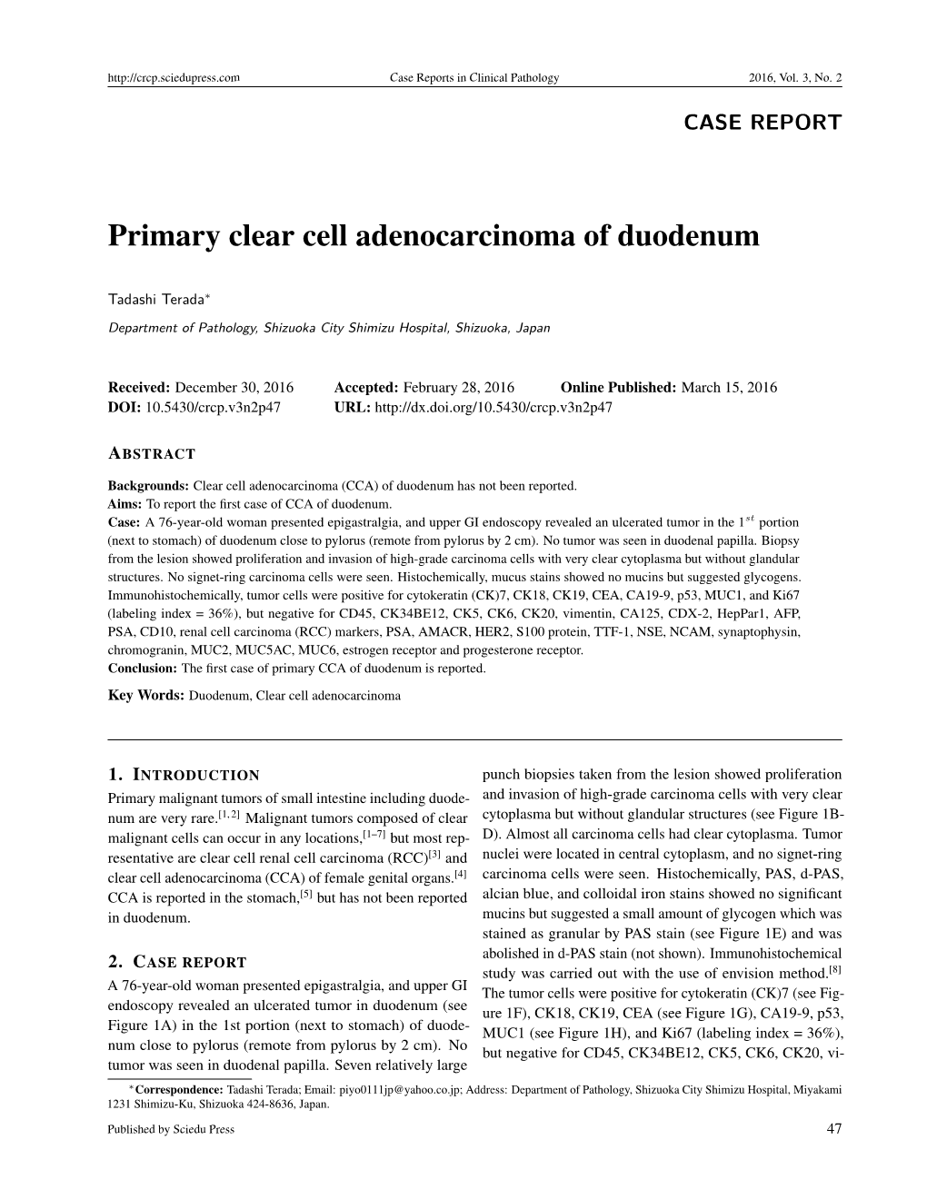 Primary Clear Cell Adenocarcinoma of Duodenum