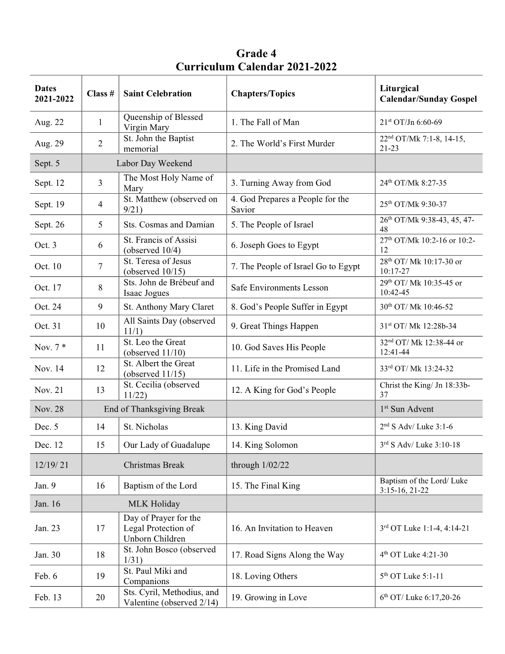 Grade 4 Curriculum Calendar 2021-2022