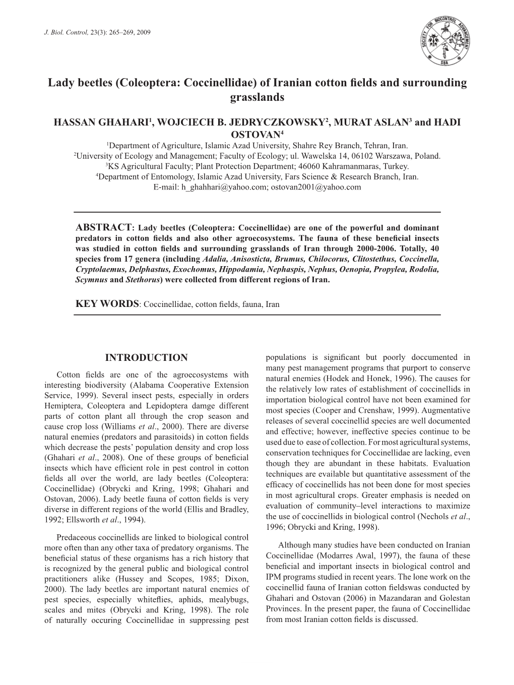 (Coleoptera: Coccinellidae) of Iranian Cotton Fields and Surrounding Grasslands