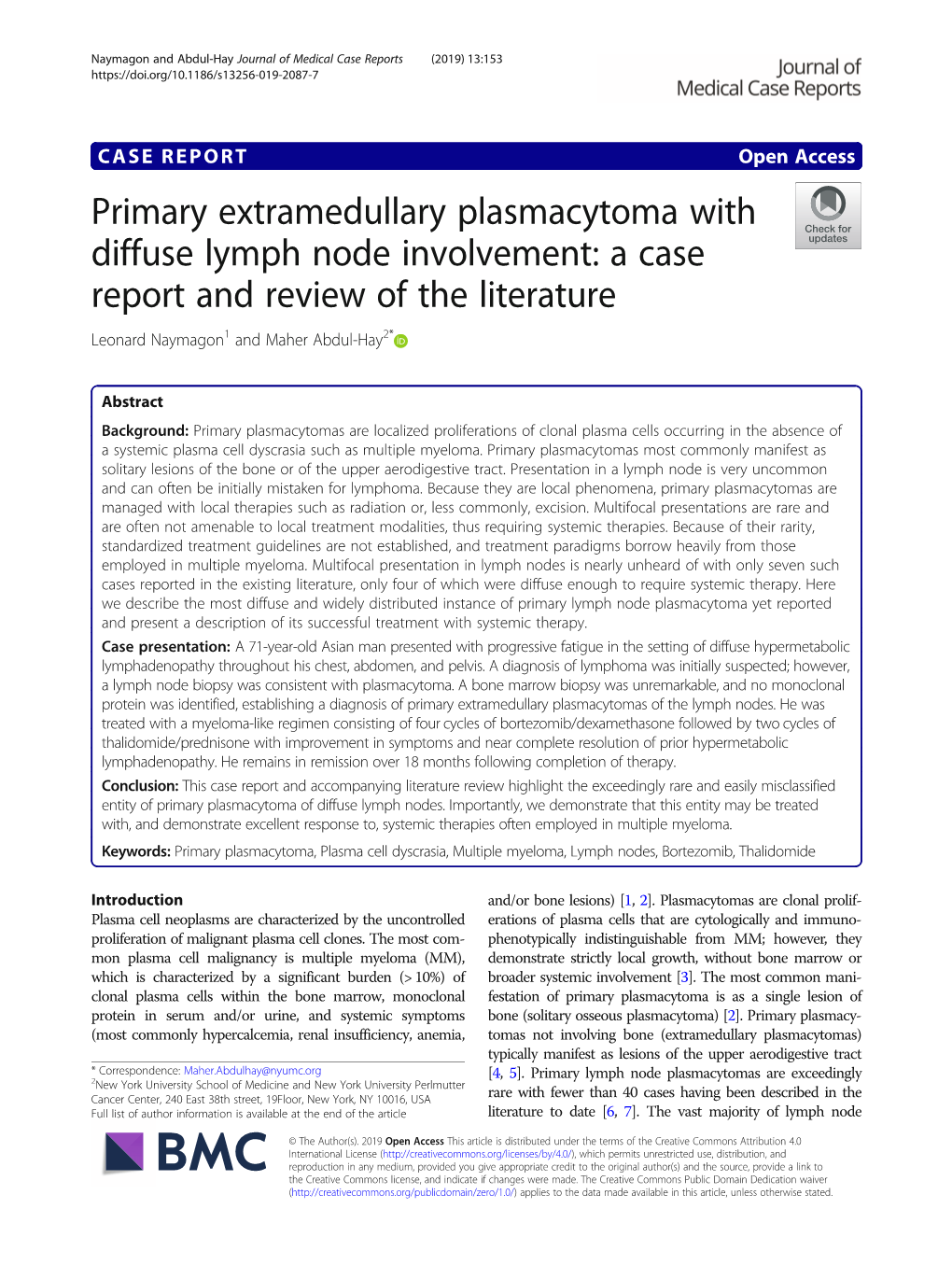 Primary Extramedullary Plasmacytoma with Diffuse Lymph Node Involvement: a Case Report and Review of the Literature Leonard Naymagon1 and Maher Abdul-Hay2*