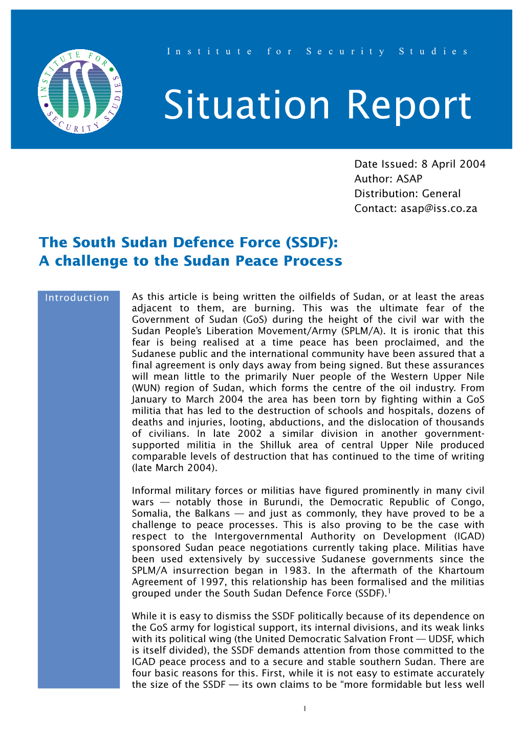 The South Sudan Defence Force (SSDF): a Challenge to the Sudan Peace Process