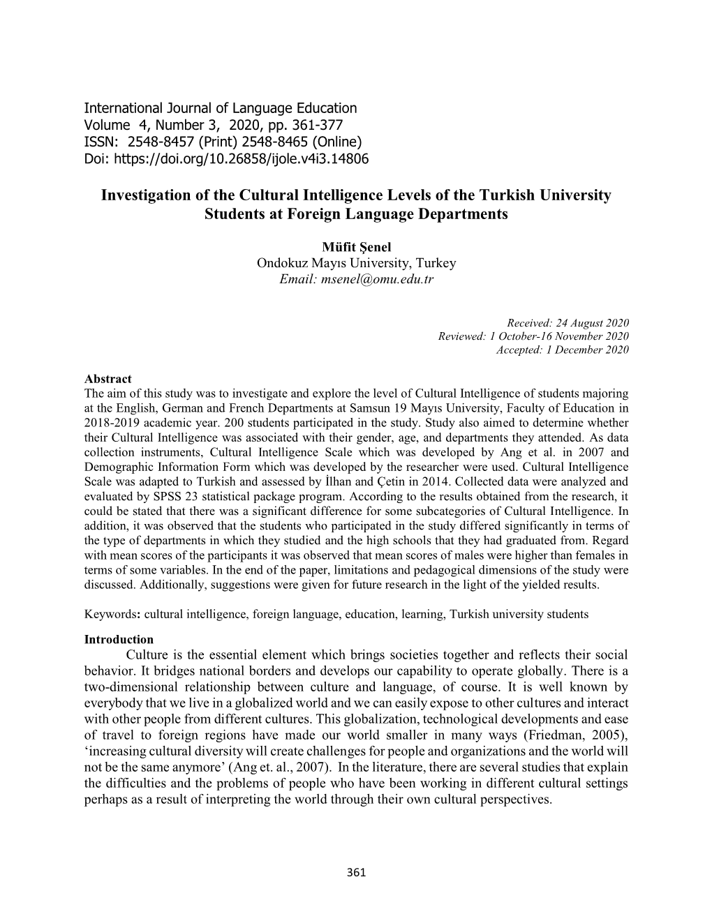 Investigation of the Cultural Intelligence Levels of the Turkish University Students at Foreign Language Departments