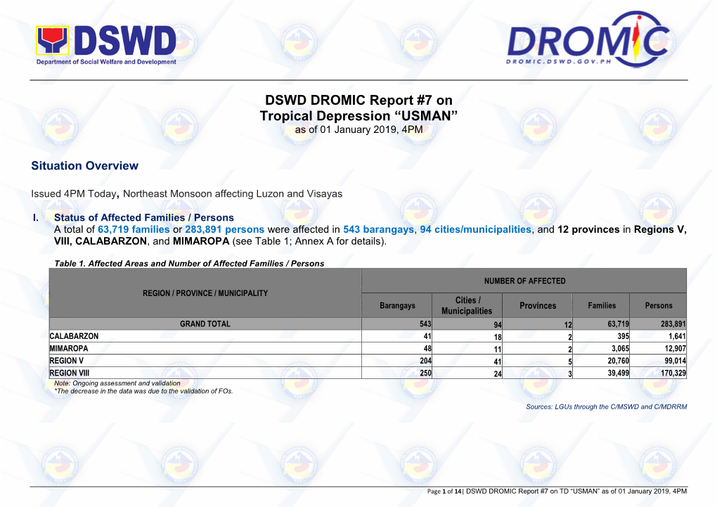 DSWD DROMIC Report #7 on Tropical Depression “USMAN” As of 01 January 2019, 4PM