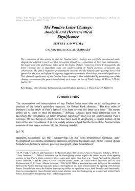 Jeffrey A.D. Weima, "The Pauline Letter Closings: Analysis and Hermeneutical Significance,"