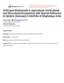 Arthropod Biodiversity in Agricultural, Horticultural and Silvicultural Ecosystems with Special Reference to Spiders (Araneae) in Mid-Hills of Meghalaya, India