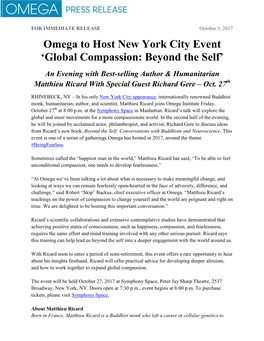 Omega to Host New York City Event 'Global Compassion: Beyond the Self'