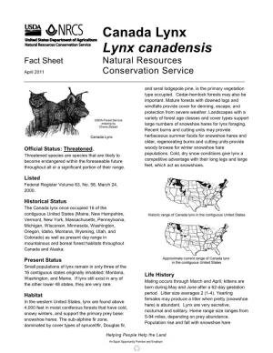 Canada Lynx Lynx Canadensis Fact Sheet Natural Resources April 2011 Conservation Service