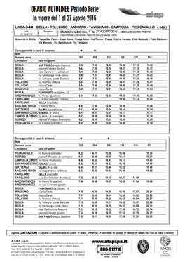 LINEA 340: BIELLA - TOLLEGNO - ANDORNO - TAVIGLIANO - CAMPIGLIA - PIEDICAVALLO ( 340 ) Data Revisione 01.08.2016 2