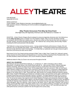Alley Theatre Announces First Alley up Close Event One Night Only with Legendary American Actor Hal Holbrook on October 19