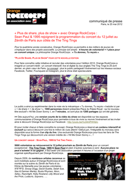 Avec Orange Rockcorps : Sean Paul & 1995 Rejoignent La Programmation Du Concert Du 12 Juillet Au Zénith De Paris Aux Côtés De the Ting Tings