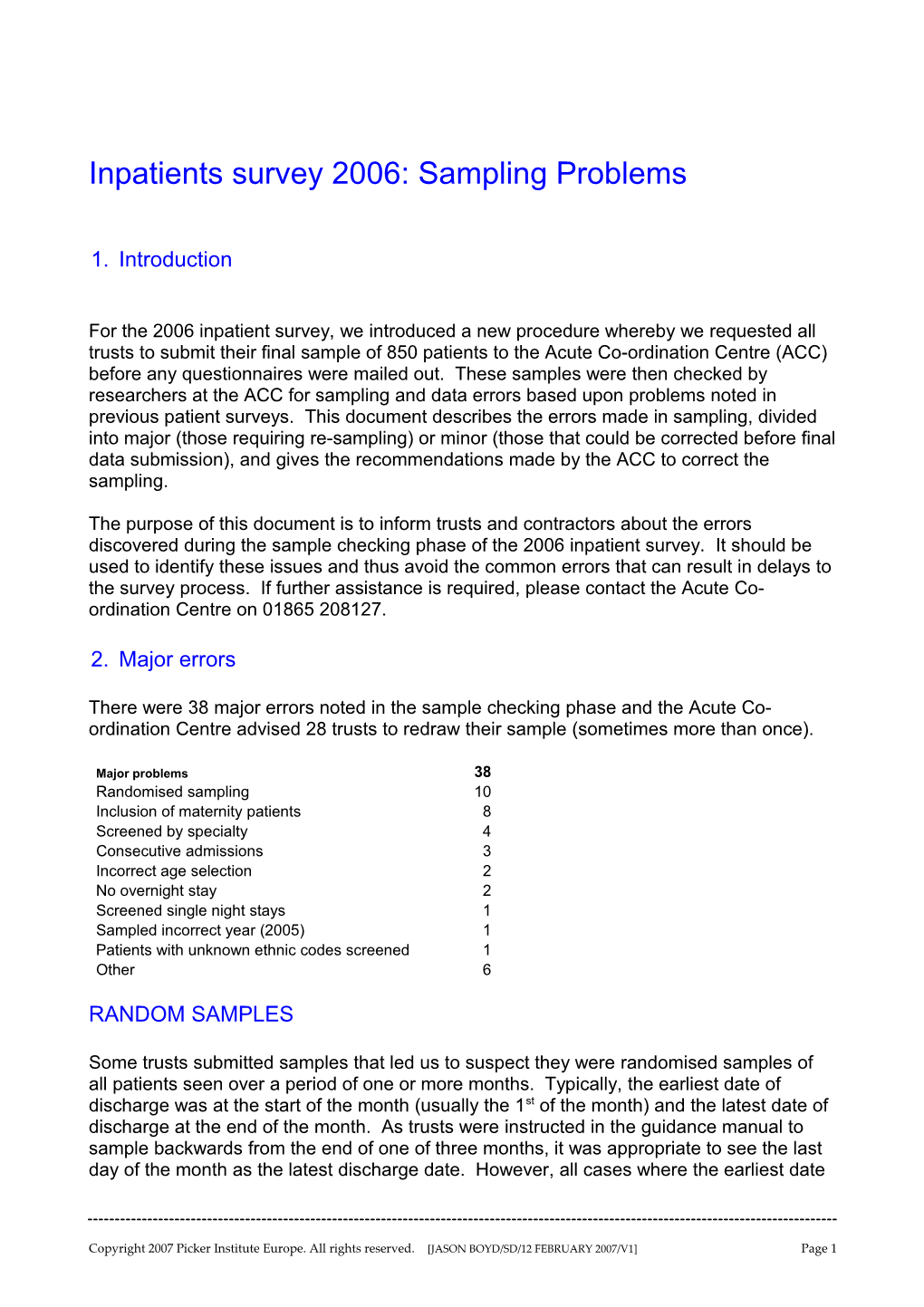 Inpatients Survey 2006: Sampling Problems