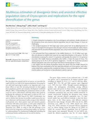 Multilocus Estimation of Divergence Times and Ancestral Effective Population Sizes of Oryza Species and Implications for the Rapid Diversiﬁcation of the Genus