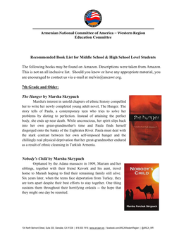 Education Committee Recommended Book List for Middle School & High