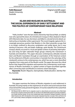 Islam and Muslims in Australia: the Social Experiences of Early Settlement and the Politics of Contemporary Race Relations
