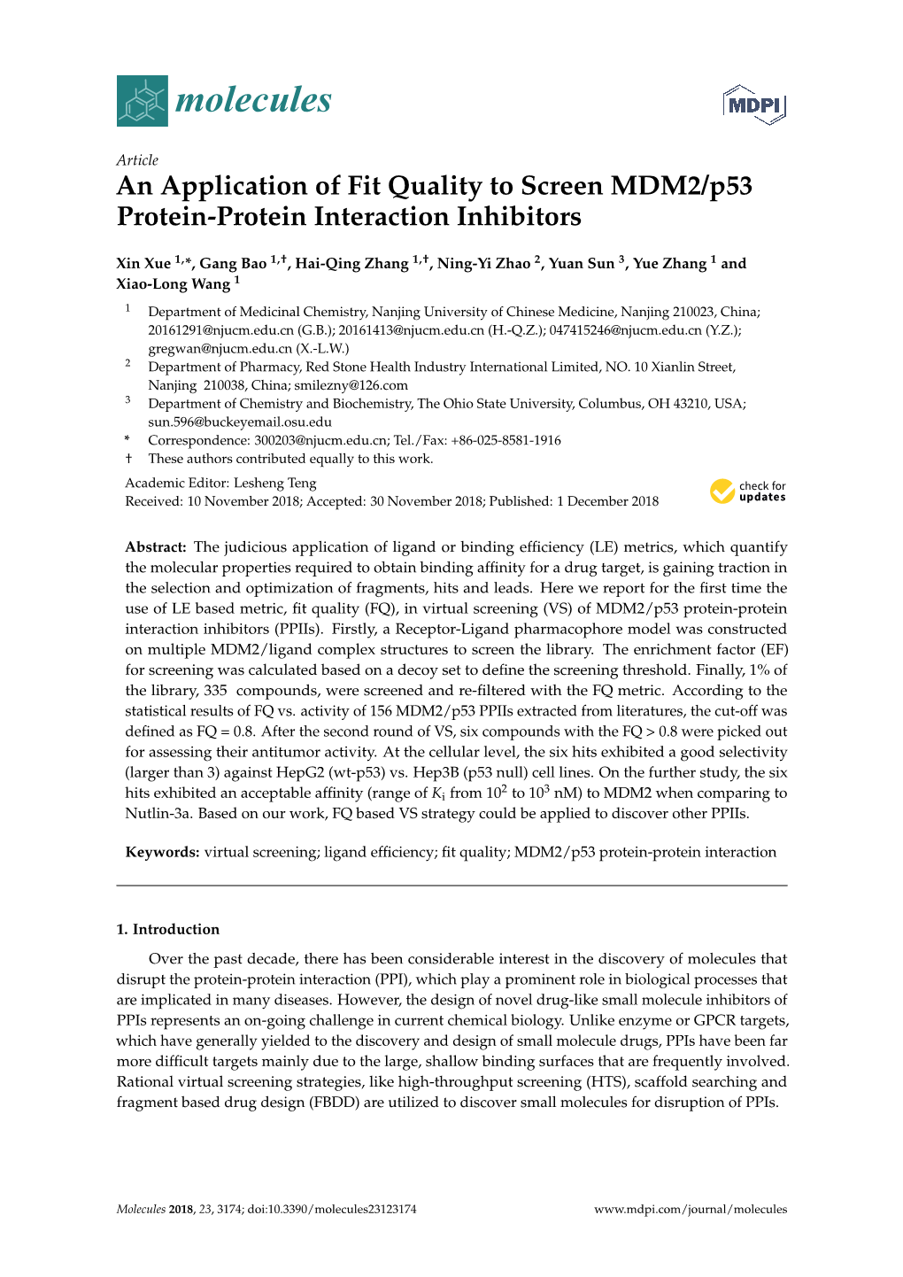 An Application of Fit Quality to Screen MDM2/P53 Protein-Protein Interaction Inhibitors