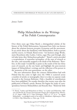 Philip Melanchthon in the Writings of His Polish Contemporaries