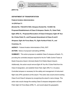 DEPARTMENT of TRANSPORTATION Federal Aviation Administration 14 CFR Part 71